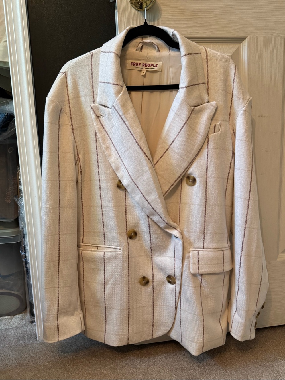 Free People Dean Double-Breasted Blazer, ivory combo with window pane , like new
